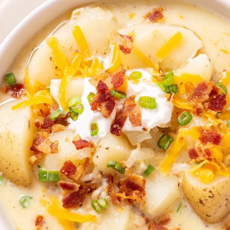 Enjoy the comforting sight of Loaded Baked Potato Soup, generously garnished with cheddar and sour cream.