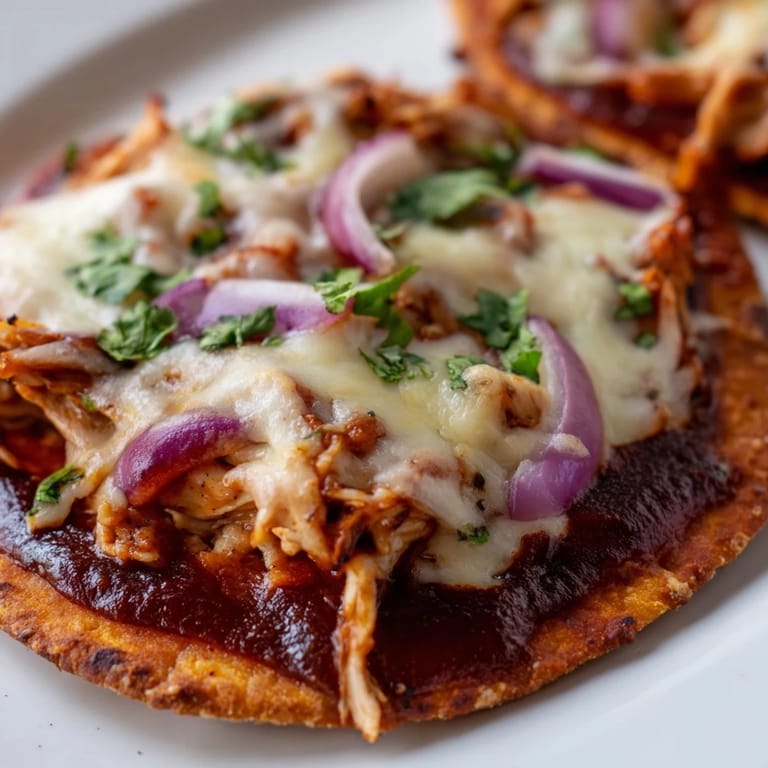 Fresh cilantro and sliced red onions garnish the warm, crispy BBQ Chicken Flatbread, highlighting the gooey cheese and tangy sauce. 