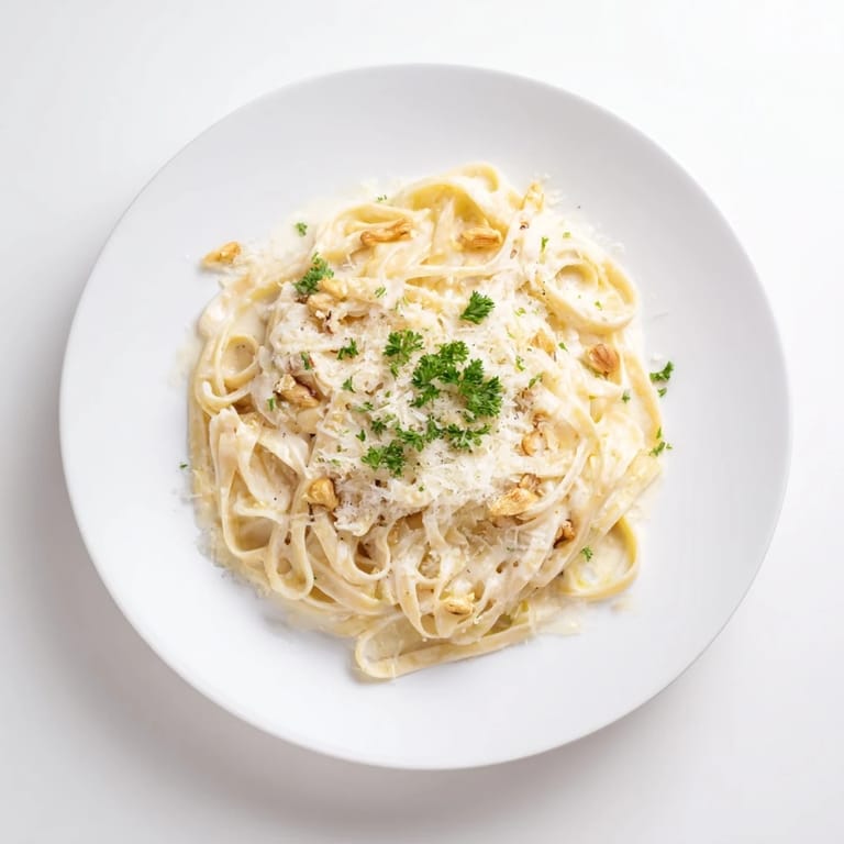 Fettuccine in a silky roasted garlic cream sauce, garnished with Parmesan on a wood table.
