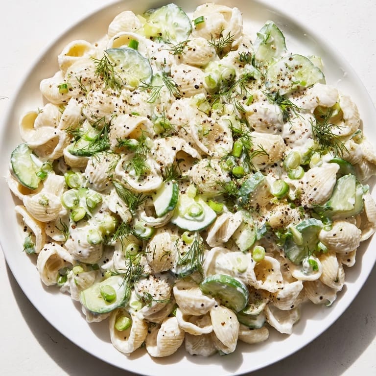 A refreshing vegetarian pasta salad with shell pasta, crisp cucumbers, and everything bagel seasoning, ideal for picnics and served chilled.