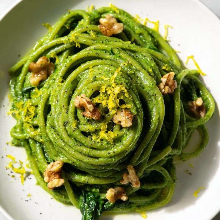 The Creamy Spinach Walnut Pasta is plated in a rustic dish, garnished with freshly ground black pepper and extra walnuts.