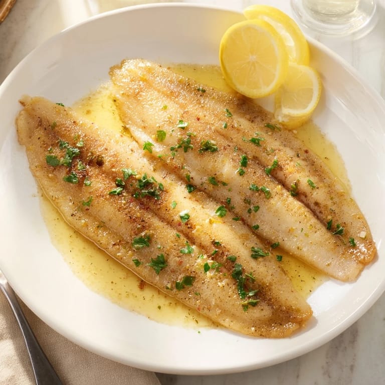 Pan-fried flounder meunière fillets with crispy edges, served alongside steamed green beans and lemon wedges.  