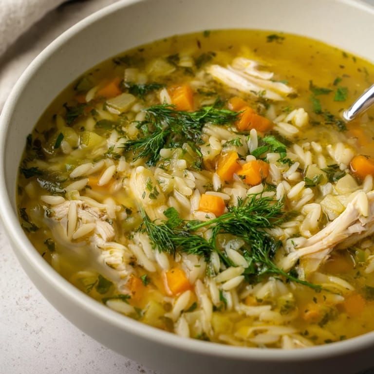 A spoon lifts tender chicken and orzo from bright broth, showcasing zesty lemon notes.