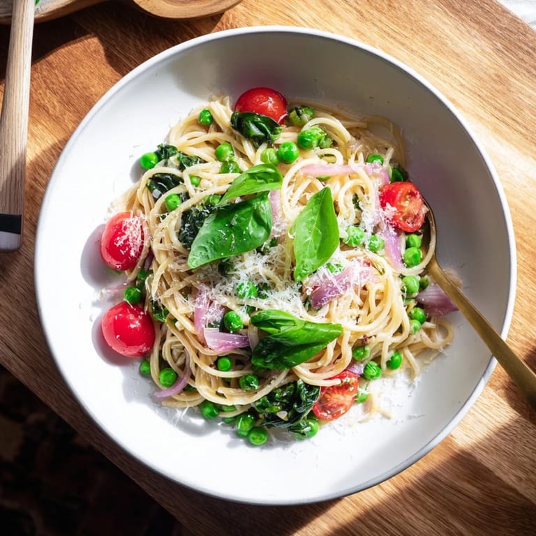 Close-up of Spring Veggie One-Pot Spaghetti, topped with grated Parmesan and fresh basil leaves, steam rising from the tomato-rich pasta.