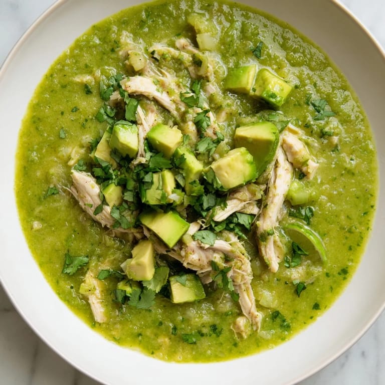 Tender shredded chicken simmered in a vibrant green tomatillo sauce, topped with fresh cilantro and a lime wedge.