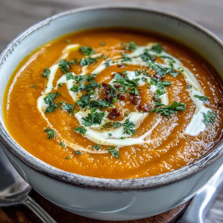 Golden Carrot and Lentil Soup garnished with fresh cilantro, ready to serve with a colorful spoon.