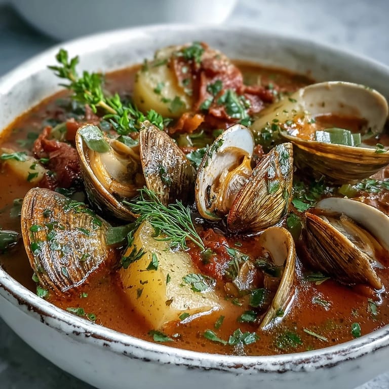 Red Manhattan Clam Chowder served hot in a rustic bowl, paired with oyster crackers and a side of crusty bread.