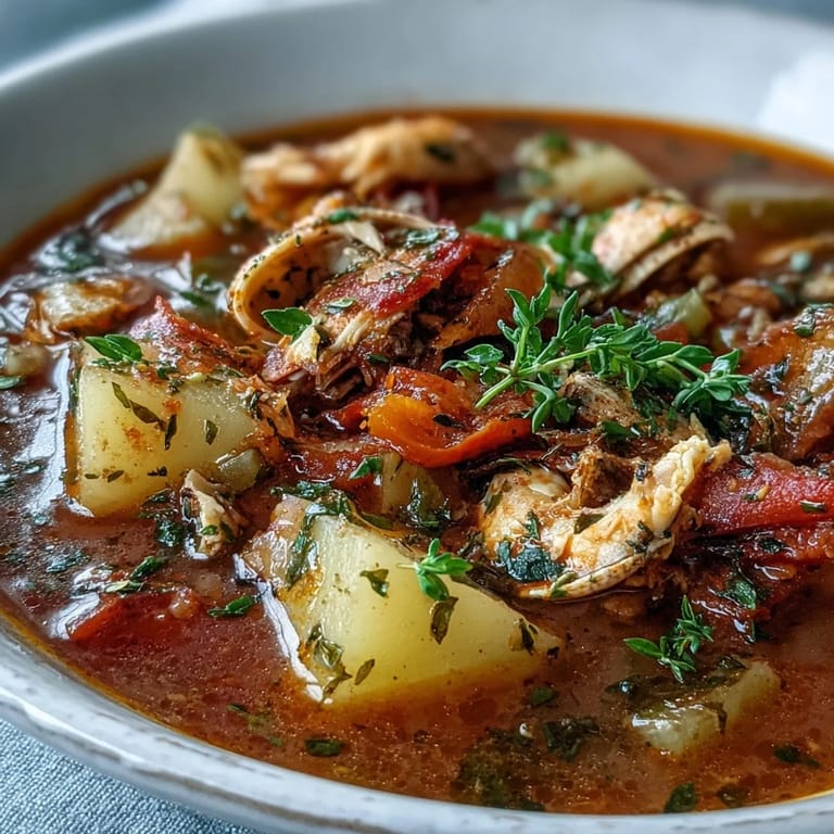 Dairy-free Manhattan Clam Chowder simmering in a pot, featuring diced tomatoes, carrots, celery, and fresh clams.