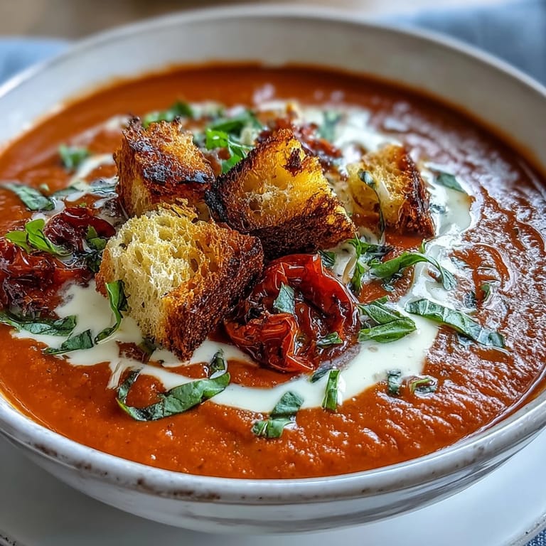 Warm Creamy Roasted Tomato Soup with a cream swirl steams gently from an immersion blender, showcasing roasted tomatoes and onions.