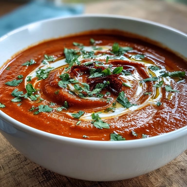 Roasted Red Pepper Soup steaming in a rustic bowl, drizzled with olive oil and paired with crusty bread.