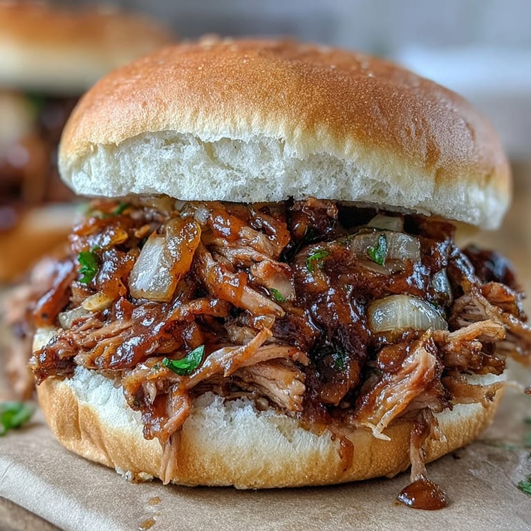 Close up view of juicy Applesauce Pulled Pork Sandwiches glistening with sweet apple cider sauce.