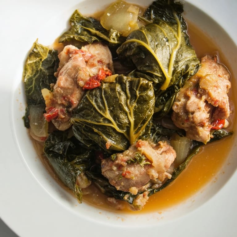 A close-up of tender Southern-style collard greens, packed with smoky turkey and spices, ready to serve.