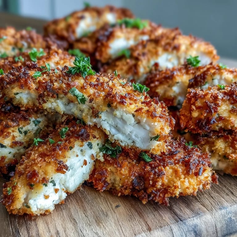 Crispy Air Fryer Chicken Strips piled high on a plate with ranch dressing for a family-friendly dinner.