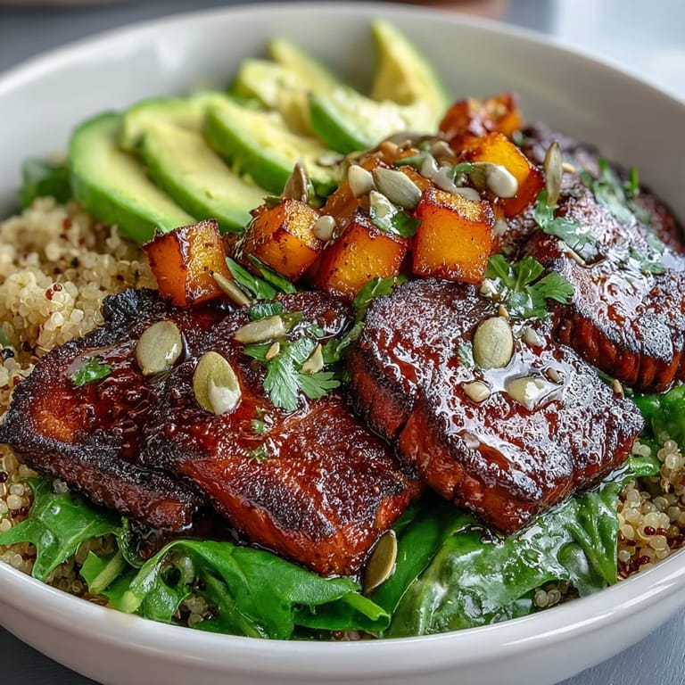Golden roasted butternut squash steak bowl with lime cilantro dressing and fresh red onion.