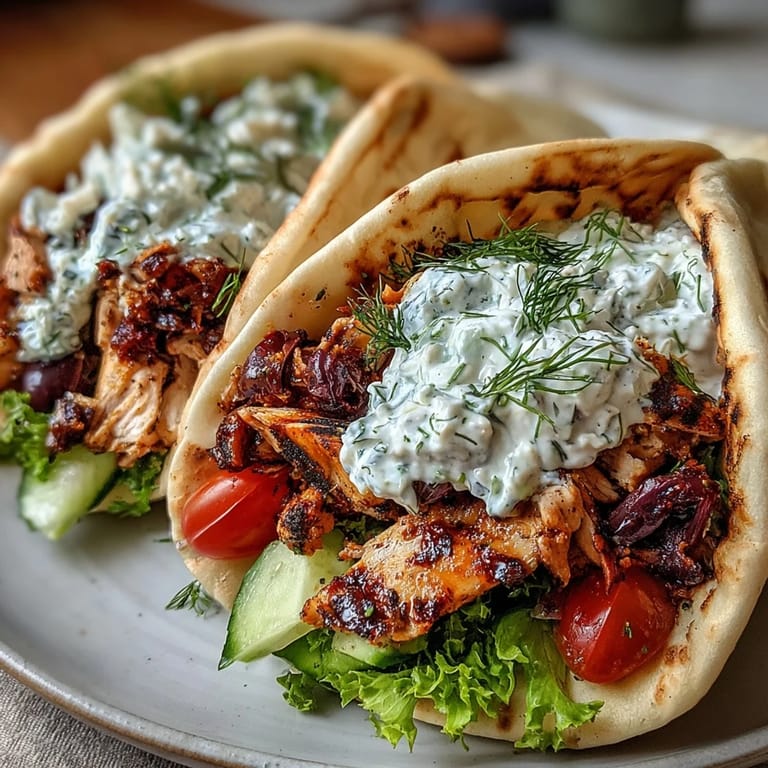 Golden charred strips of Mediterranean Chicken Gyros stacked on pita with cool feta tzatziki, red onions, and vibrant Kalamata olives.