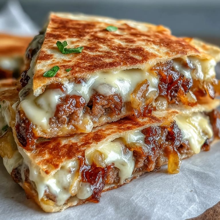 Sizzling flat-top quesadillas stuffed with smashburger beef and gooey cheese, garnished with fresh cilantro and dill pickles.