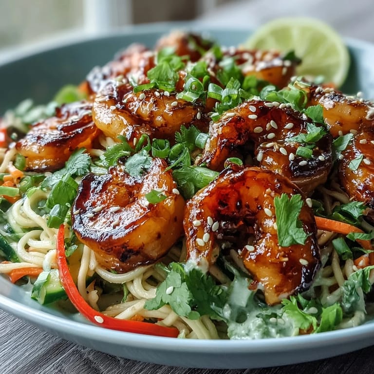 A close-up of a delicious 15-Minute Asian Noodle Bowl featuring grilled shrimp, noodles, and fresh red bell peppers.