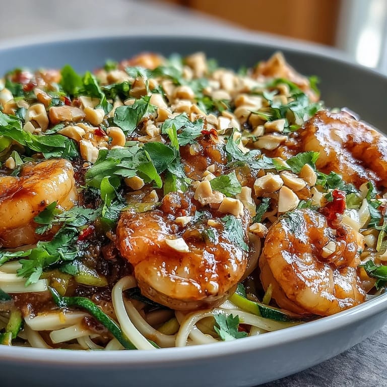 Steaming Asian Noodle Bowl featuring juicy shrimp, rice noodles, and vibrant vegetables, topped with crunchy peanuts and fresh herbs for a quick dinner.