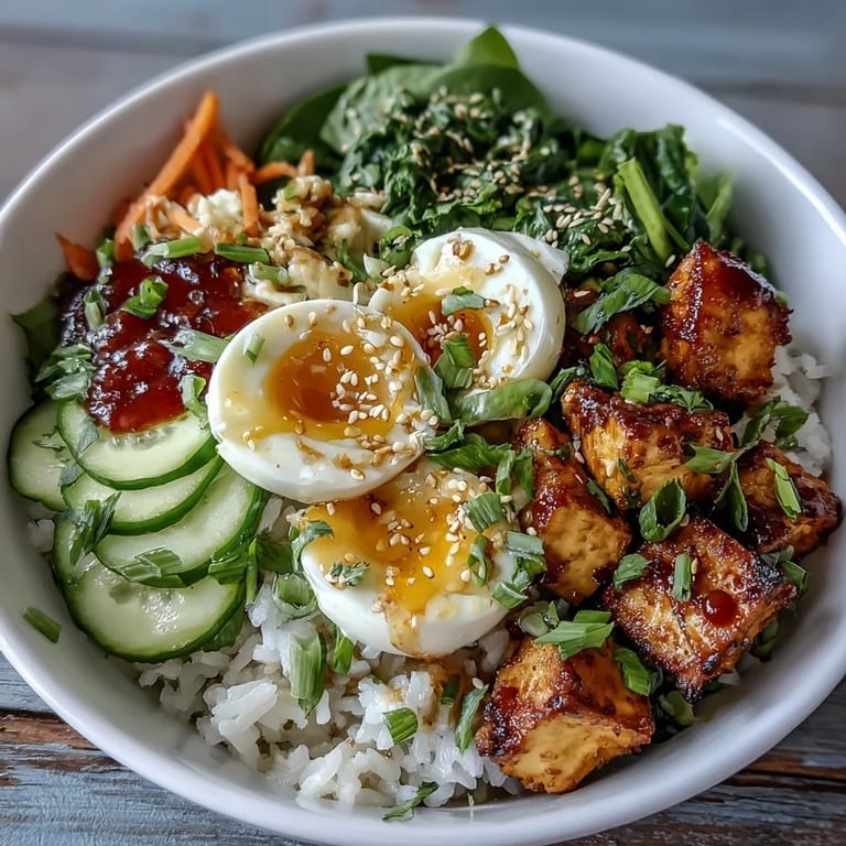 Drizzling ginger scallion sauce over a nourishing Tofu Jammy Egg Breakfast Bowl with carrots and sesame seeds.