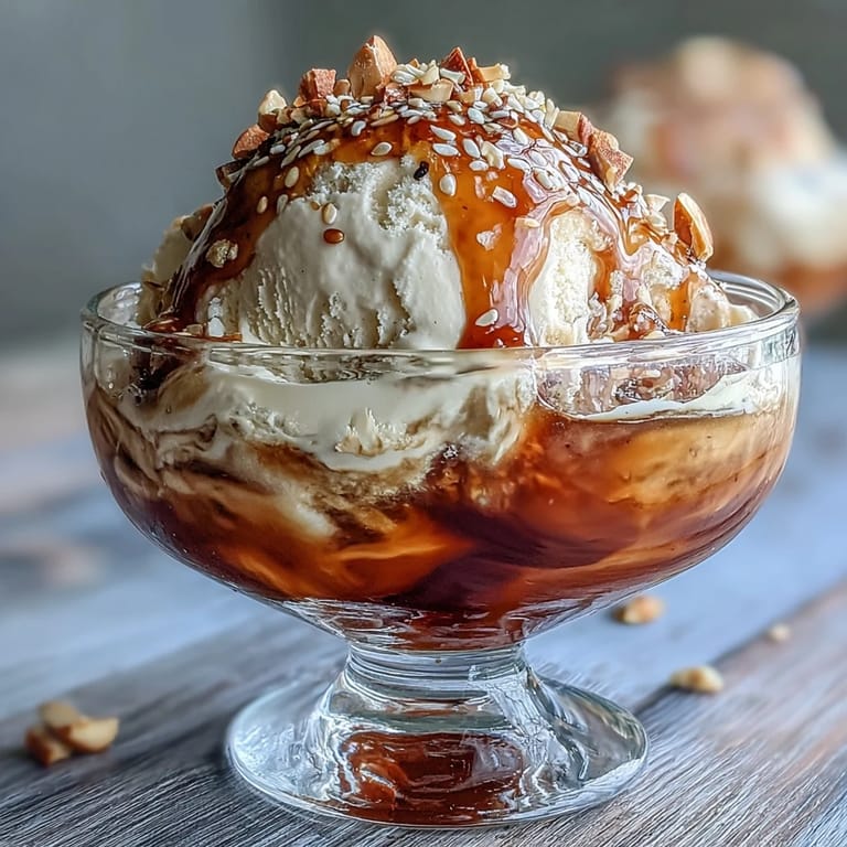 Ceramic cup showcasing Hojicha Affogato with a scoop of vanilla ice cream melting under dark tea.