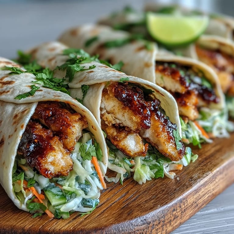 Close-up of Sweet Chili Chicken Wraps, showcasing succulent Asian-style chicken strips and crunchy fresh vegetables wrapped in a soft tortilla.