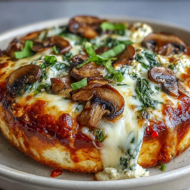 Golden, bubbly mozzarella tops this low-carb Cottage Cheese Pizza Bowl with marinara and spinach, perfect for a quick weeknight dinner.