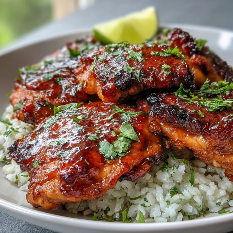 Golden brown Spicy Maple Chicken glazed with sriracha-maple sauce atop fluffy coconut rice with a lime wedge.