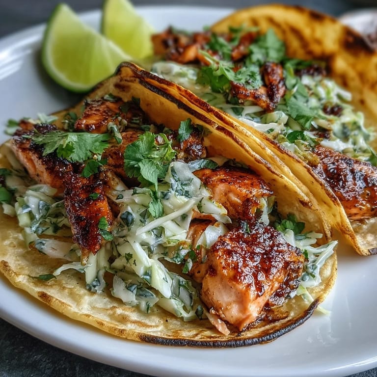 Freshly prepared cabbage slaw and flaked air fried salmon fill warm corn tortillas, garnished with cilantro and lime wedges.