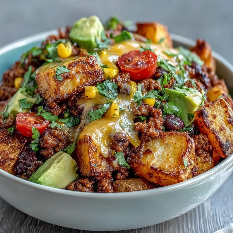 Loaded Potato Taco Bowl topped with black beans, sweet corn, diced avocado, and fresh cherry tomatoes.