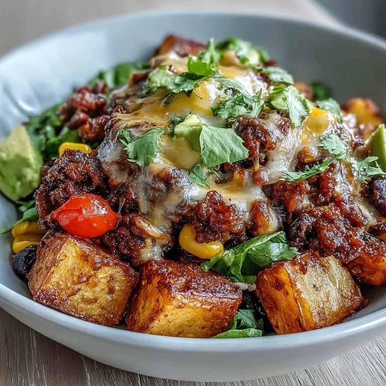 A hearty Loaded Potato Taco Bowl with lime wedges and sour cream, ready to serve for dinner.