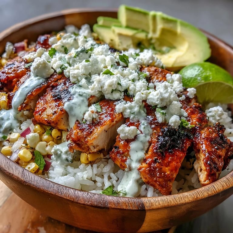 Freshly assembled Street Corn Chicken Rice Bowl topped with Cotija cheese, cilantro, and lime wedges.