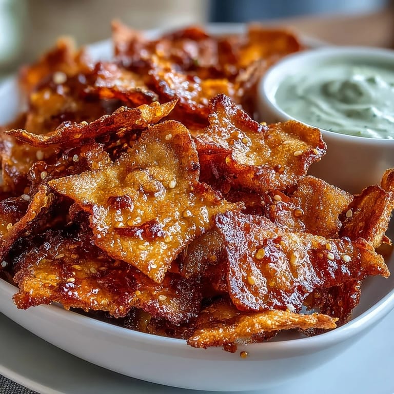 A close-up of Spicy Chili Crisp Garlic Naan Chips and dip shows a crunchy triangle of naan being dipped into a bowl of creamy Asian-inspired cucumber dip.