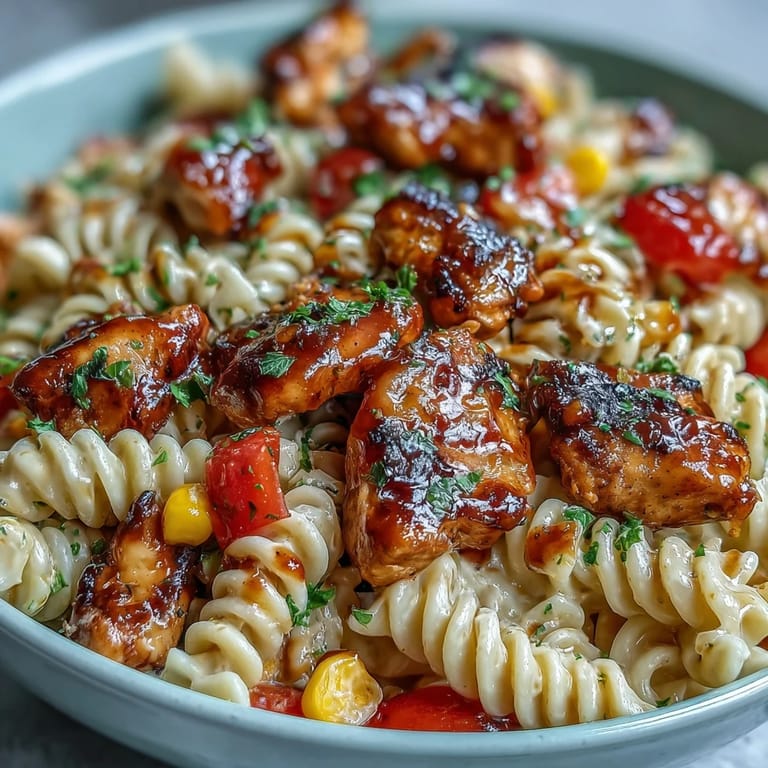 Creamy Honey BBQ Chicken Pasta Salad tossed with crisp red bell peppers, sweet corn, and fresh parsley garnish.