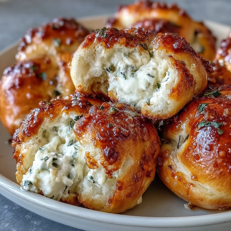 Freshly baked Hot Honey Ricotta Stuffed Garlic Knots served warm on a rustic wooden board with fresh parsley garnish.