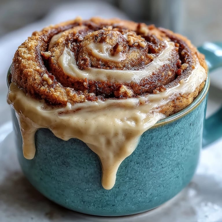 Warm High-Protein Cinnamon Roll Mug Cake swirled with cinnamon-sugar and served steaming in a ceramic mug. 