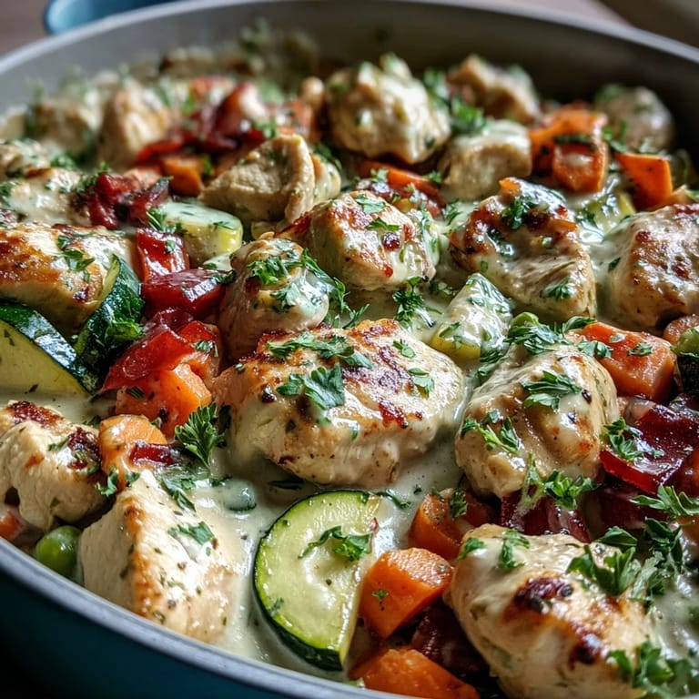 Family-friendly Creamy Ranch Turkey & Veggie Skillet with tender ground turkey and diced zucchini in a tangy ranch cream sauce.