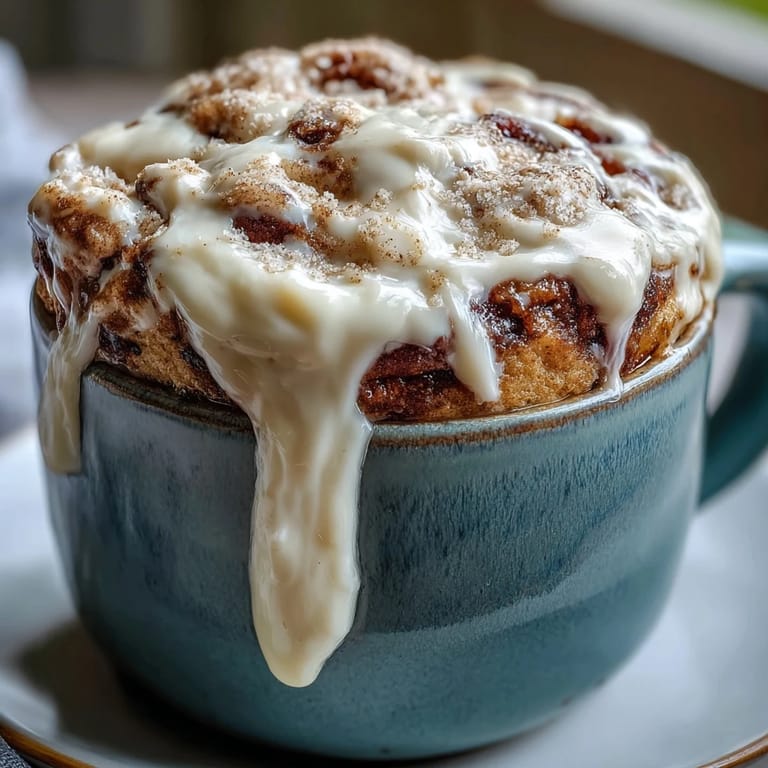 Golden High-Protein Cinnamon Roll Mug Cake served in a mug with a sweet cream cheese glaze.