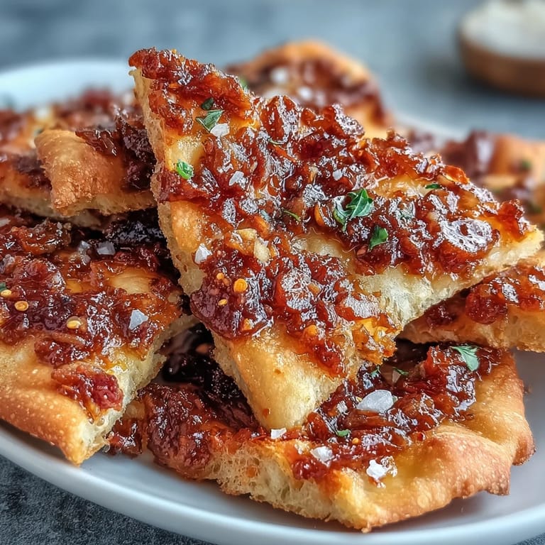 A rustic platter of crispy Spicy Chili Crisp Garlic Naan Chips, featuring golden edges and vibrant red chili oil, paired with a bowl of creamy Asian cucumber dip. The contrasting textures and colors make this appetizer a visually stunning and flavorful party snack.