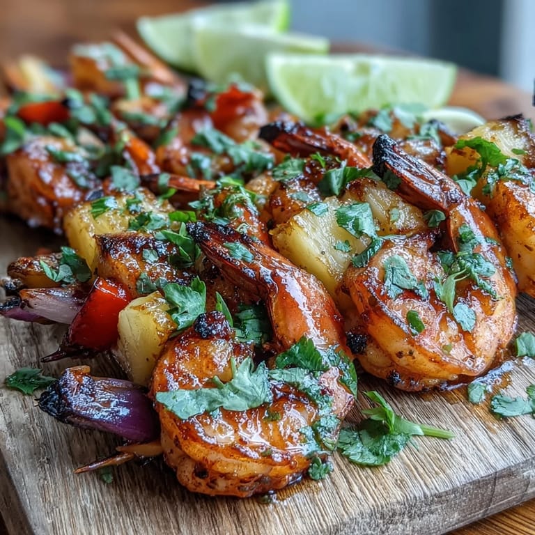 Skewers of grilled shrimp and pineapple featuring the Grilled Shrimp and Pineapple Skewers with Cilantro Lime.