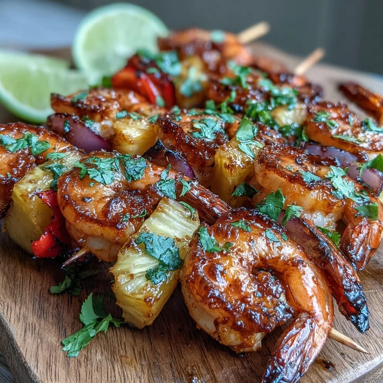Summer BBQ platter showing Grilled Shrimp and Pineapple Skewers with Cilantro Lime and lime wedges.