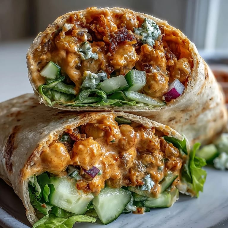 Spicy buffalo sauce and creamy vegan mayo bring bold flavor to Vegan Buffalo Chickpea Salad Wraps, served with crisp lettuce.