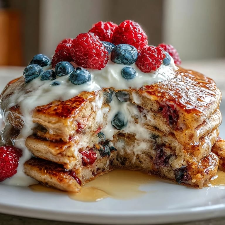 Stack of fluffy Berry Protein Pancakes with Greek Yogurt, berries peeking through, served alongside a bowl of creamy yogurt.
