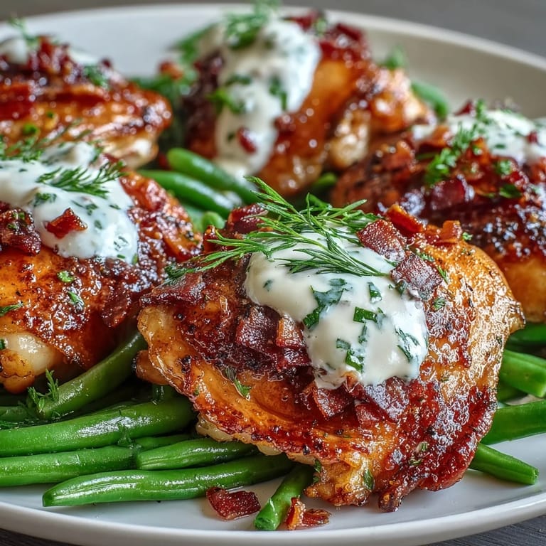 Freshly baked Keto Bacon Ranch Chicken Thighs with Green Beans served hot from the oven on a skillet.