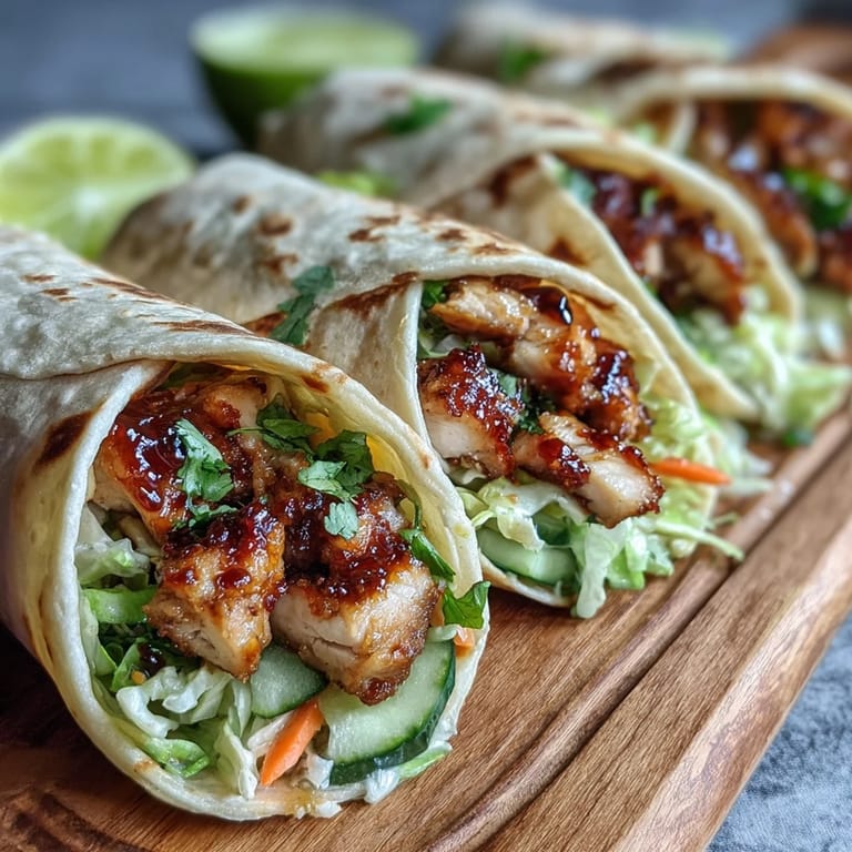 Close-up of Sweet Chili Chicken Wraps, showcasing succulent Asian-style chicken strips and crunchy fresh vegetables wrapped in a soft tortilla.