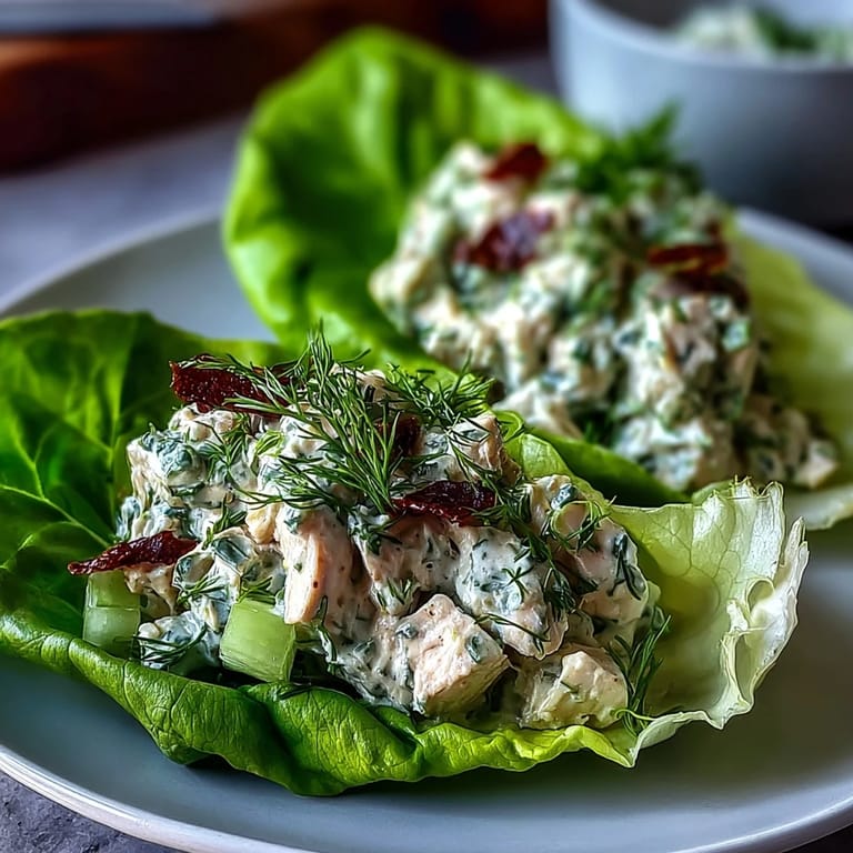 Colorful avocado herb chicken salad spooned into lettuce cups, garnished with cherry tomatoes for added freshness.