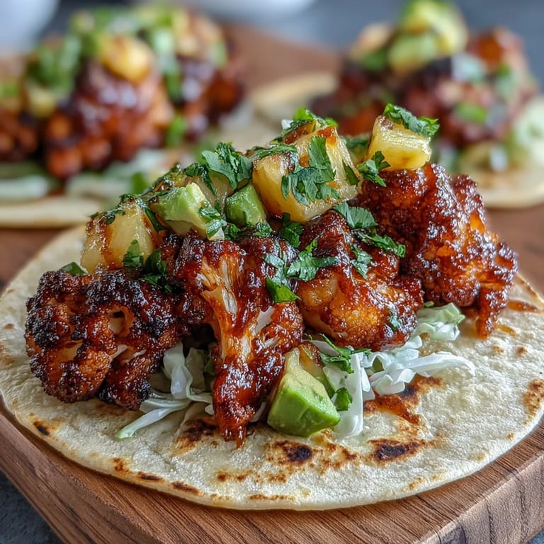 Crispy roasted cauliflower coated in tangy BBQ sauce, served in soft tortillas with fresh pineapple salsa and shredded cabbage.  