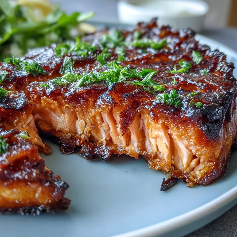 A low-carb, gluten-free dish of perfectly seared salmon with crisp skin atop zesty lemon garlic asparagus.