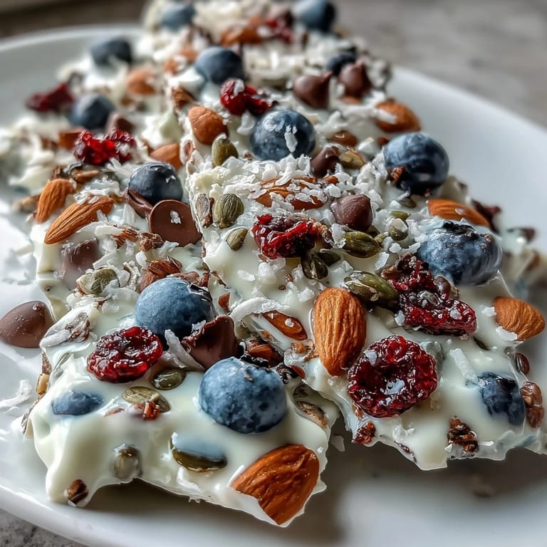Enjoy this high-protein yogurt bark layered with berries and seeds, offering a nutritious and energizing morning snack.