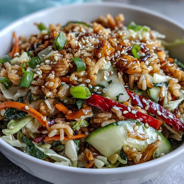 Vibrant salad with crispy jasmine rice, colorful veggies, and bold peanut sesame dressing for a satisfying crunch.  