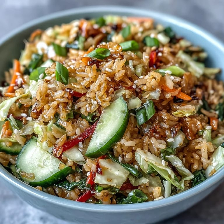 Asian-inspired crispy rice salad with peanut dressing, fresh cabbage, cucumber, and bell peppers for a flavorful meal.